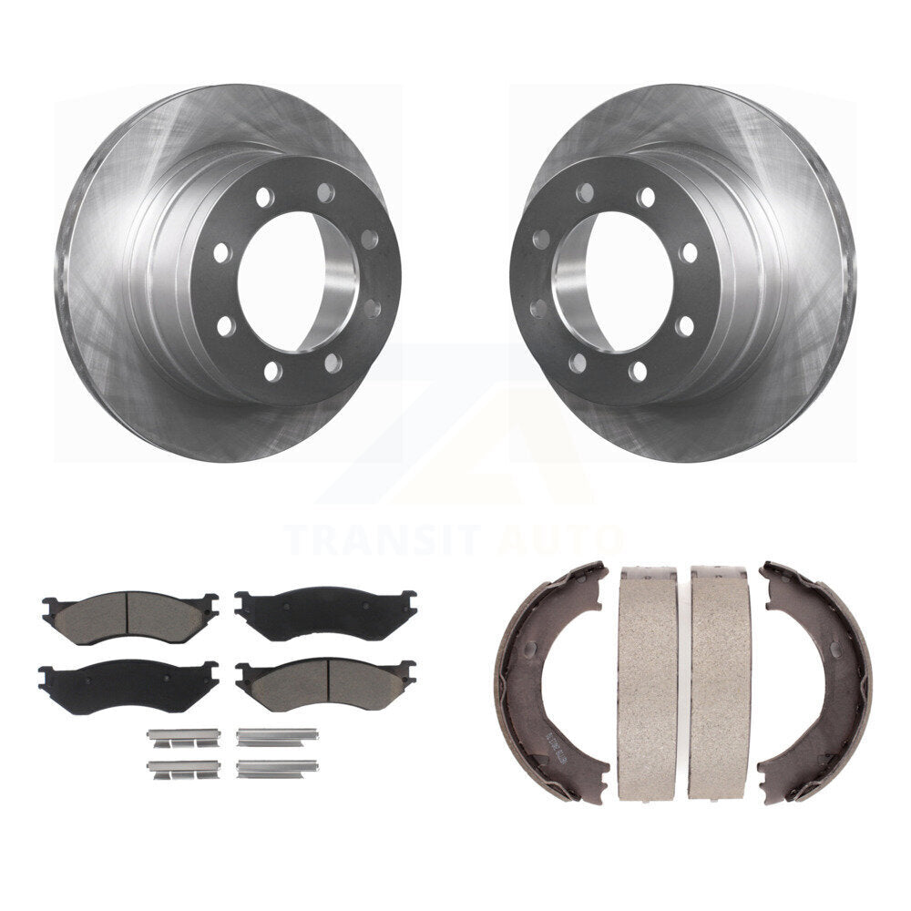 Rear Disc Rotors Ceramic Pads & Parking Brake Shoes Kit For Dodge Ram 2500 3500