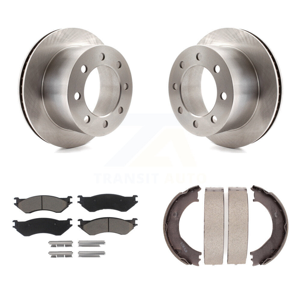 Rear Disc Rotors Ceramic Pads & Parking Brake Shoes Kit For Dodge Ram 2500 3500