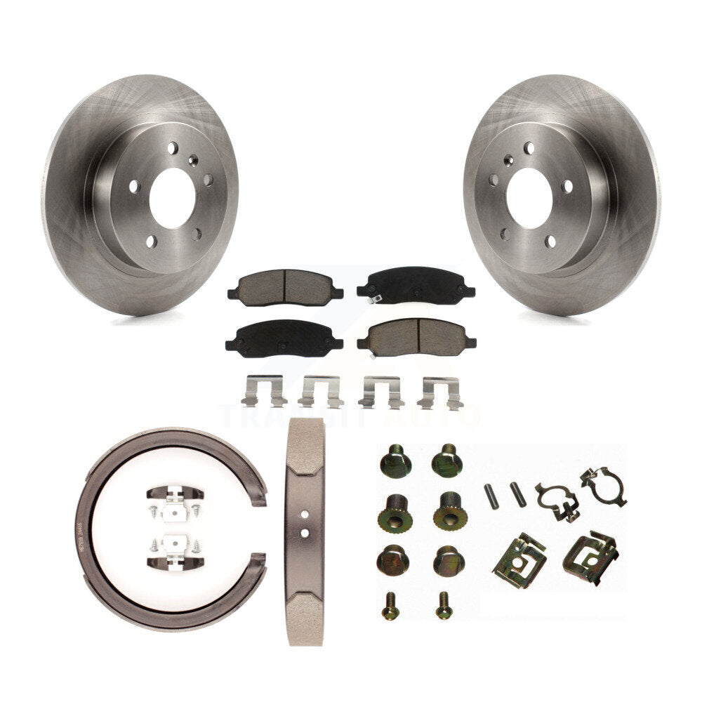 Rear Disc Rotors Ceramic Pads Parking Brake Shoes Hardware Kit For Cadillac DTS