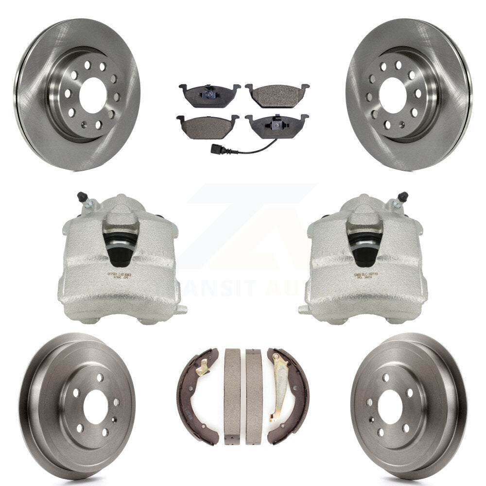 Front Rear Brake Caliper Rotors Drum Ceramic Pads Kit (8Pc) For Volkswagen Jetta