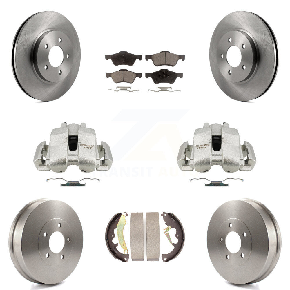 Front Rear Disc Brake Caliper Rotors Drum Ceramic Pads Kit (8Pc) For Ford Escape