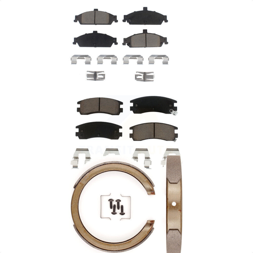 Front Rear Ceramic Brake Pads & Parking Shoe Kit For Pontiac Grand Am Oldsmobile