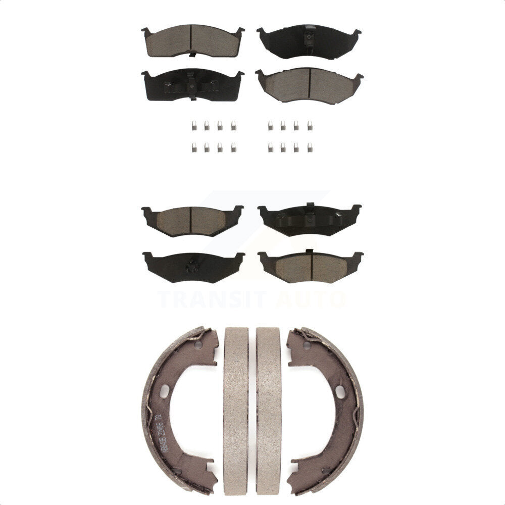 Front Rear Ceramic Brake Pads And Parking Shoes Kit For Neon Dodge Plymouth