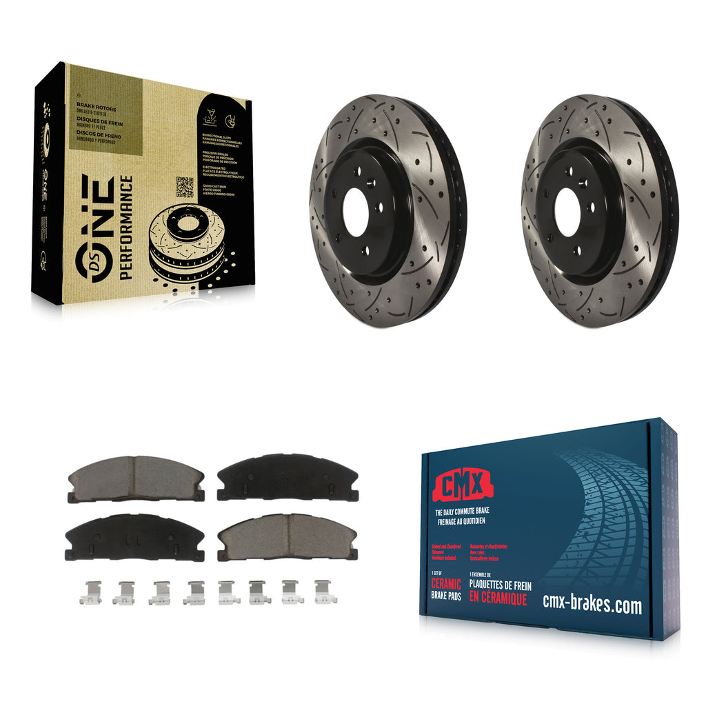 [Front] 2013 Ford Explorer Sport Performance Drilled & Slotted Brake Rotor & Ceramic Pads Kit For Max Braking