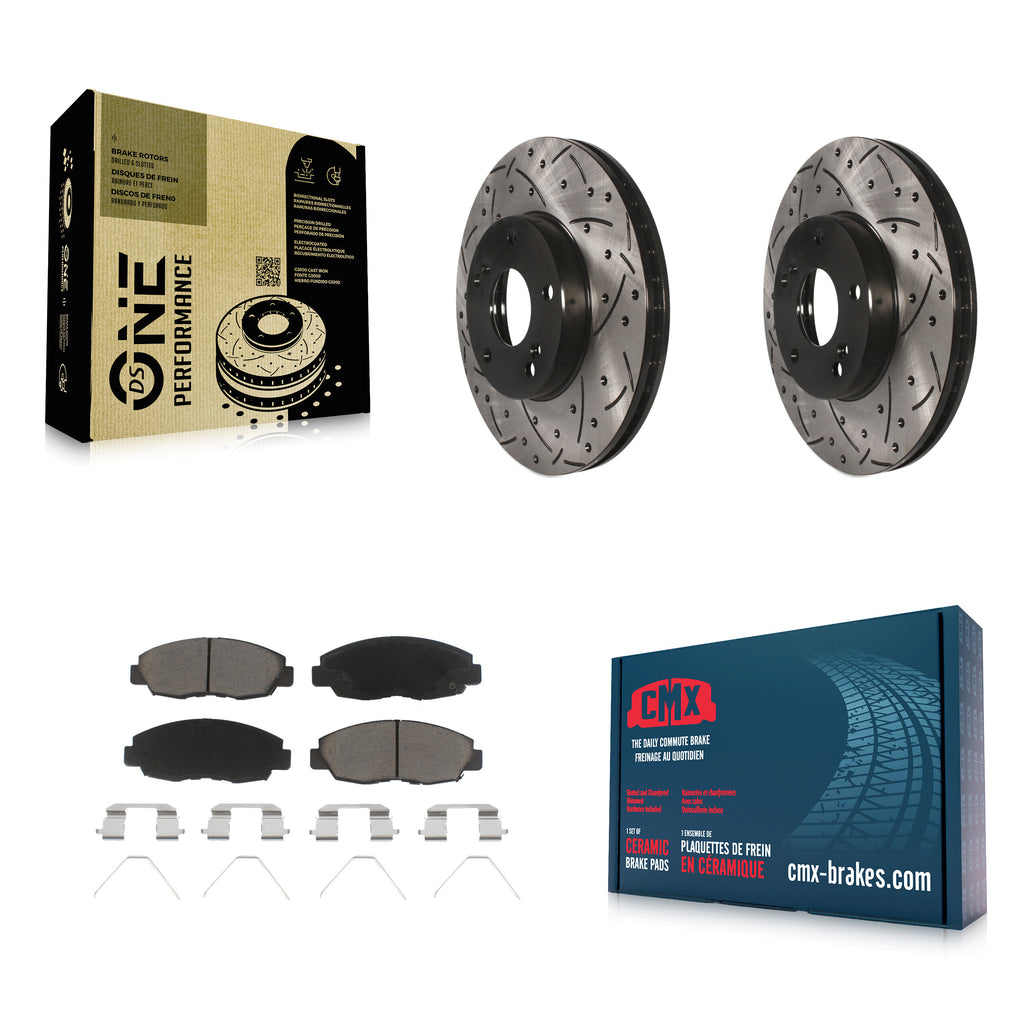 [Front] 2014-2015 Honda Civic Touring Performance Drilled & Slotted Brake Rotor & Ceramic Pads Kit For Max Braking