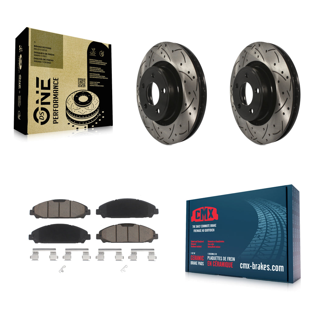 Front Coated Drilled Slotted Disc Brake Rotor & Ceramic Pad Kit For Ford Mustang
