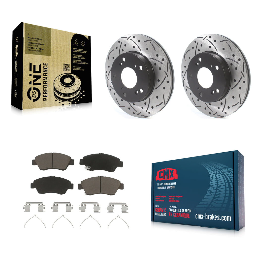 Front Drill Slot Disc Brake Rotor Ceramic Pad Kit For Honda Civic Acura RSX CR-Z