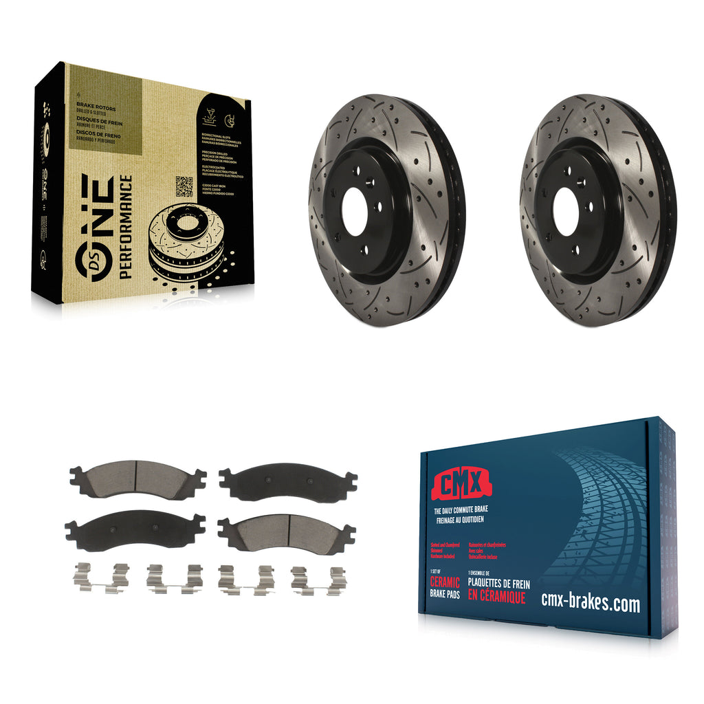 [Front] 2010-2012 Ford Taurus SHO Performance Drilled & Slotted Brake Rotor & Ceramic Pads Kit For Max Braking