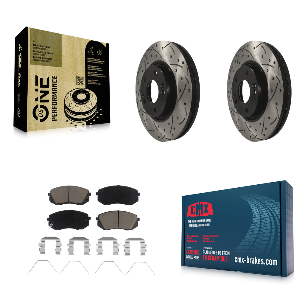 [Front] 2017-2019 Kia Soul EV Performance Drilled & Slotted Brake Rotor & Ceramic Pads Kit For Max Braking