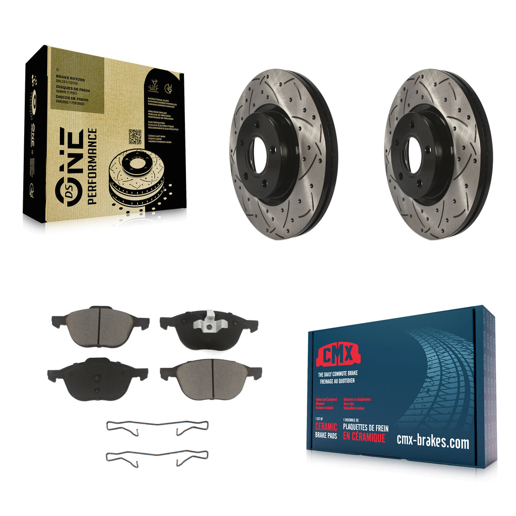 Front Drill Slot Brake Rotor Ceramic Pad Kit For Ford Escape Volvo C-Max S40 C70