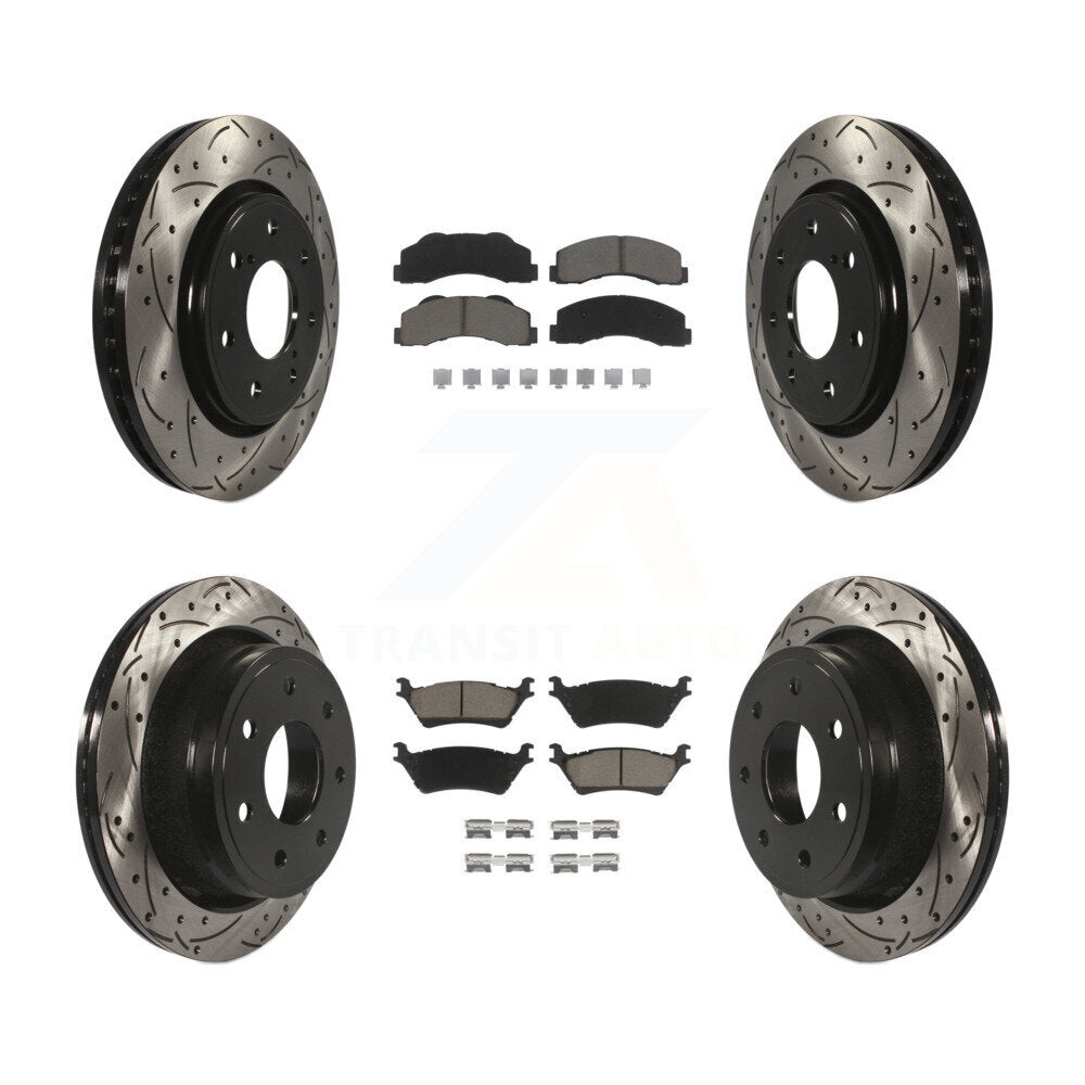 Front Rear Coated Drilled Slot Disc Brake Rotor & Ceramic Pad Kit For Ford F-150