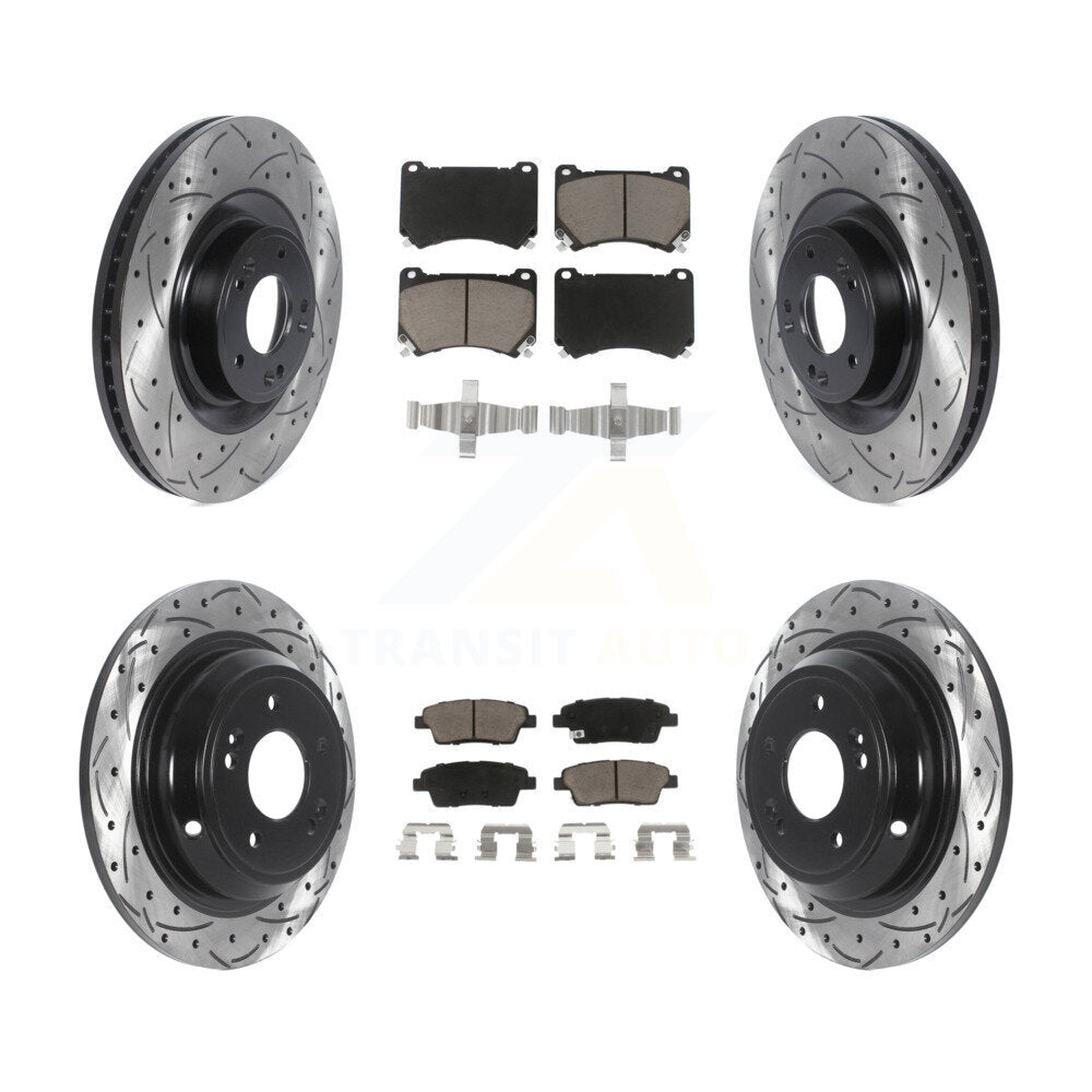 Front Rear Drill Slot Brake Rotor Ceramic Pad Kit For 12-14 Hyundai Genesis 5.0L