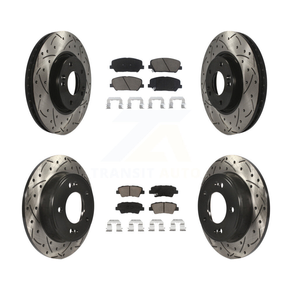 Front Rear Drill Slot Brake Rotor Ceramic Pad Kit For Hyundai Veloster Kia Forte
