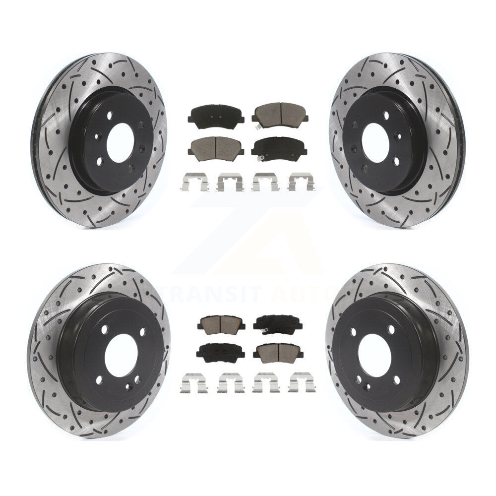 Front Rear Coated Drilled Slotted Disc Brake Rotor & Ceramic Pad Kit For Kia Rio