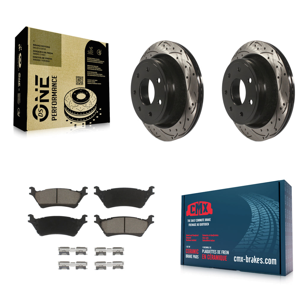 Rear Drilled Slot Brake Rotor & Ceramic Pad Kit For Ford F-150 With 7 Lug Wheels