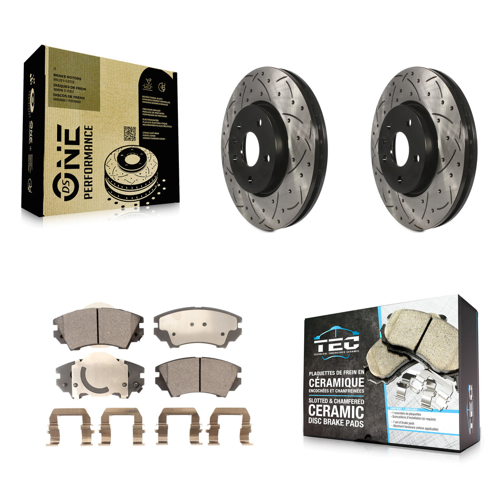 [Front] 10-15 Chevrolet Camaro LT LS Performance Drilled & Slotted Brake Rotor & Ceramic Pads Kit For Max Braking