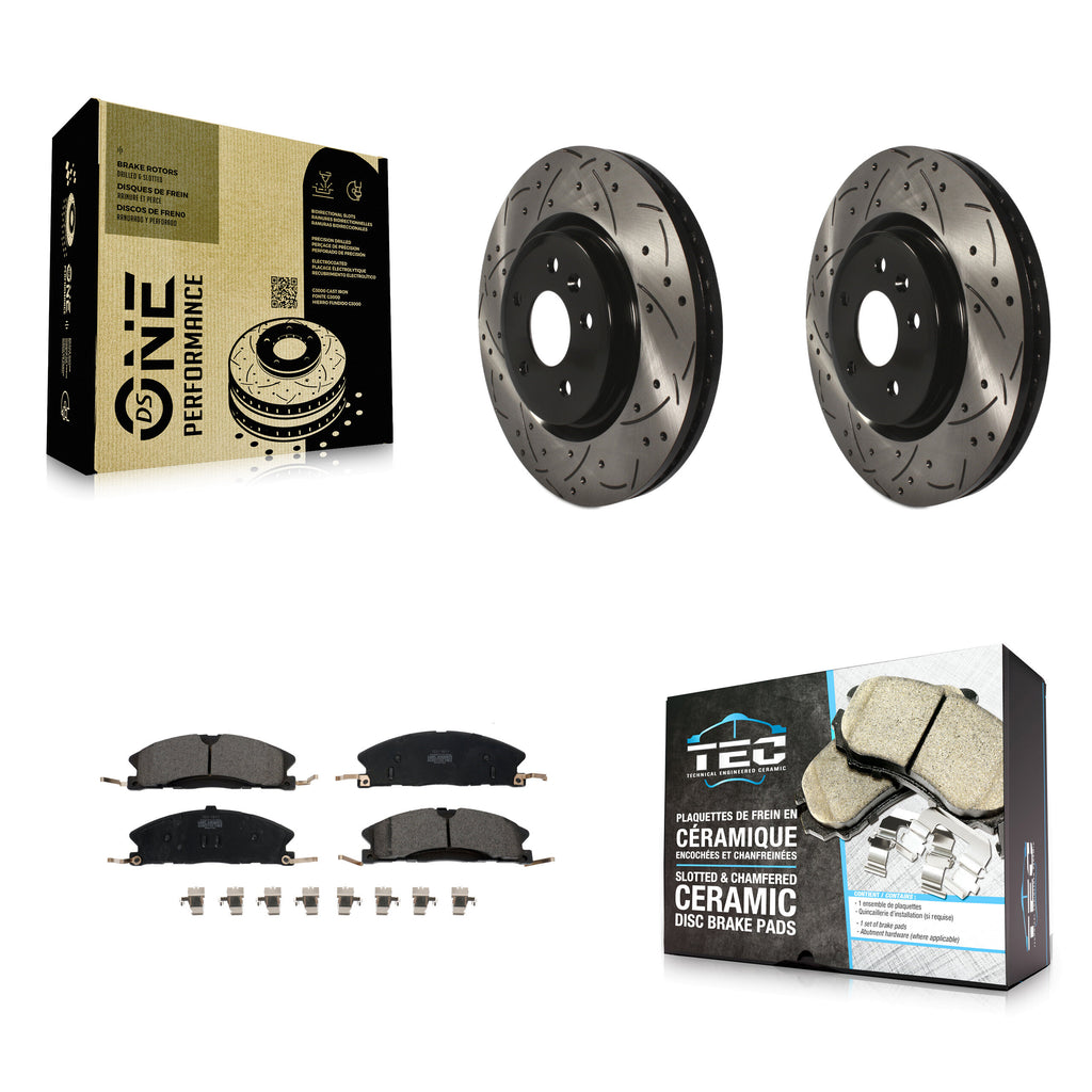 [Front] 2013 Ford Explorer Sport Performance Drilled & Slotted Brake Rotor & Ceramic Pads Kit For Max Braking