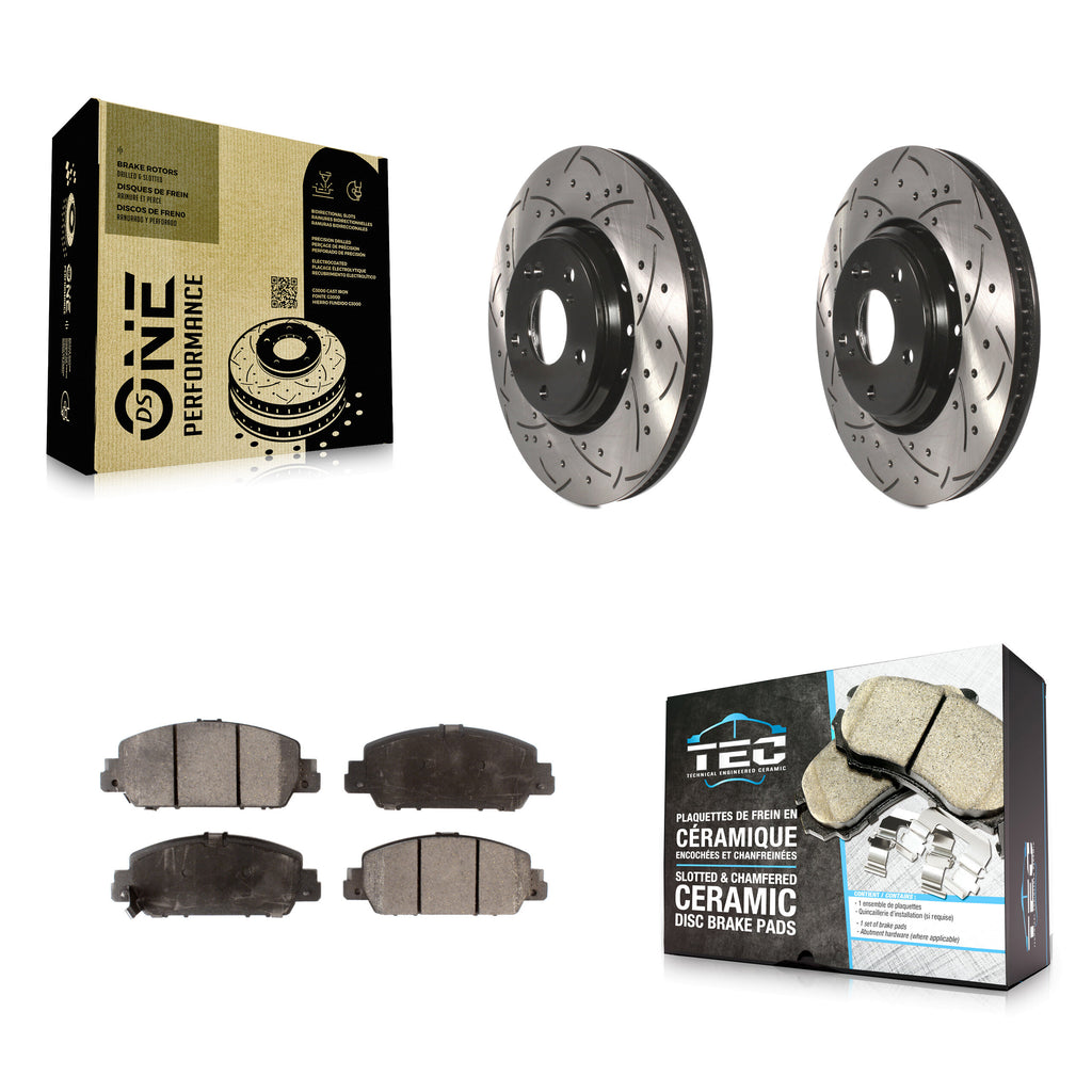 Front Coated Drilled Slotted Disc Brake Rotor & Ceramic Pad Kit For Honda Accord
