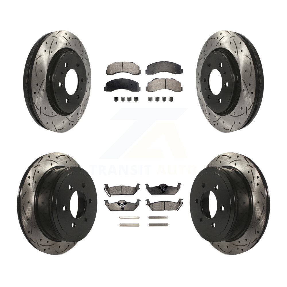 Front Rear Coated Drilled Slot Disc Brake Rotor & Ceramic Pad Kit For Ford F-150