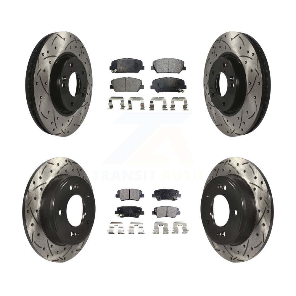 Front Rear Drill Slot Brake Rotor Ceramic Pad Kit For Hyundai Veloster Kia Forte