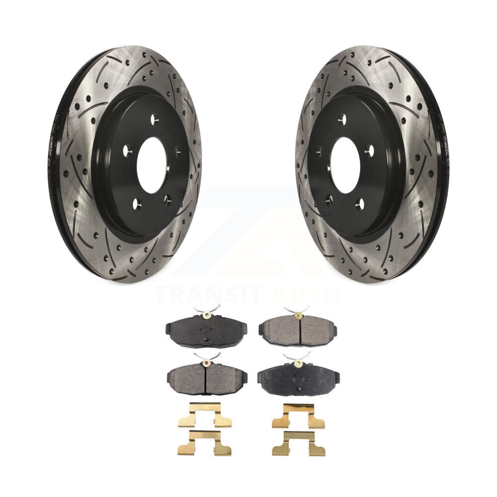 Rotors de frein à disque fendus percés à revêtement arrière et kit de plaquettes en céramique pour Ford Mustang 