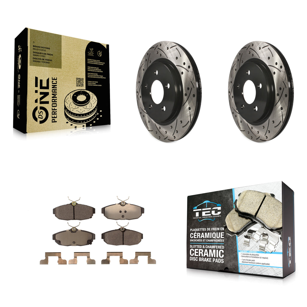 Rotors de frein à disque fendus percés à revêtement arrière et kit de plaquettes en céramique pour Ford Mustang 