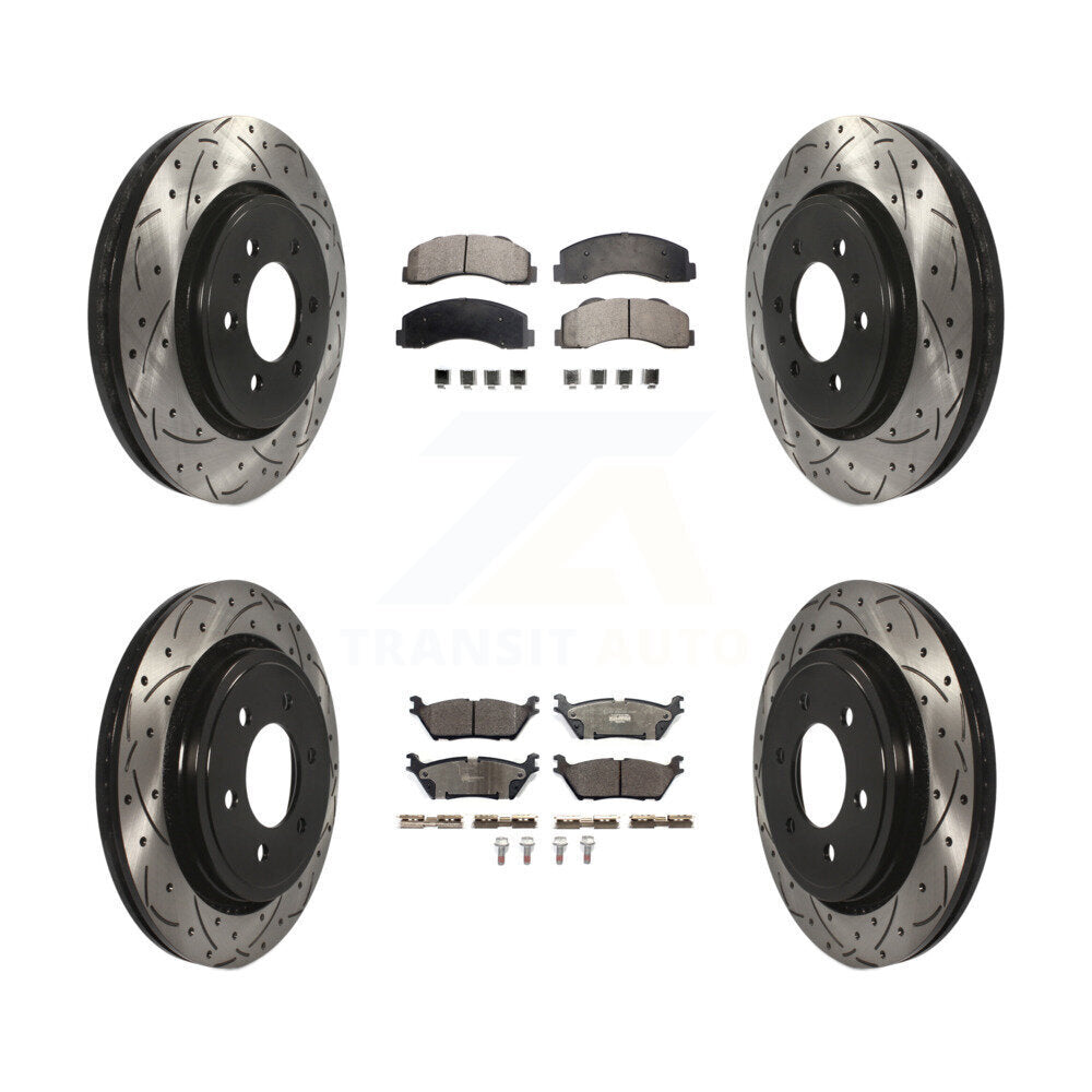 Front Rear Coated Drilled Slot Disc Brake Rotor & Ceramic Pad Kit For Ford F-150