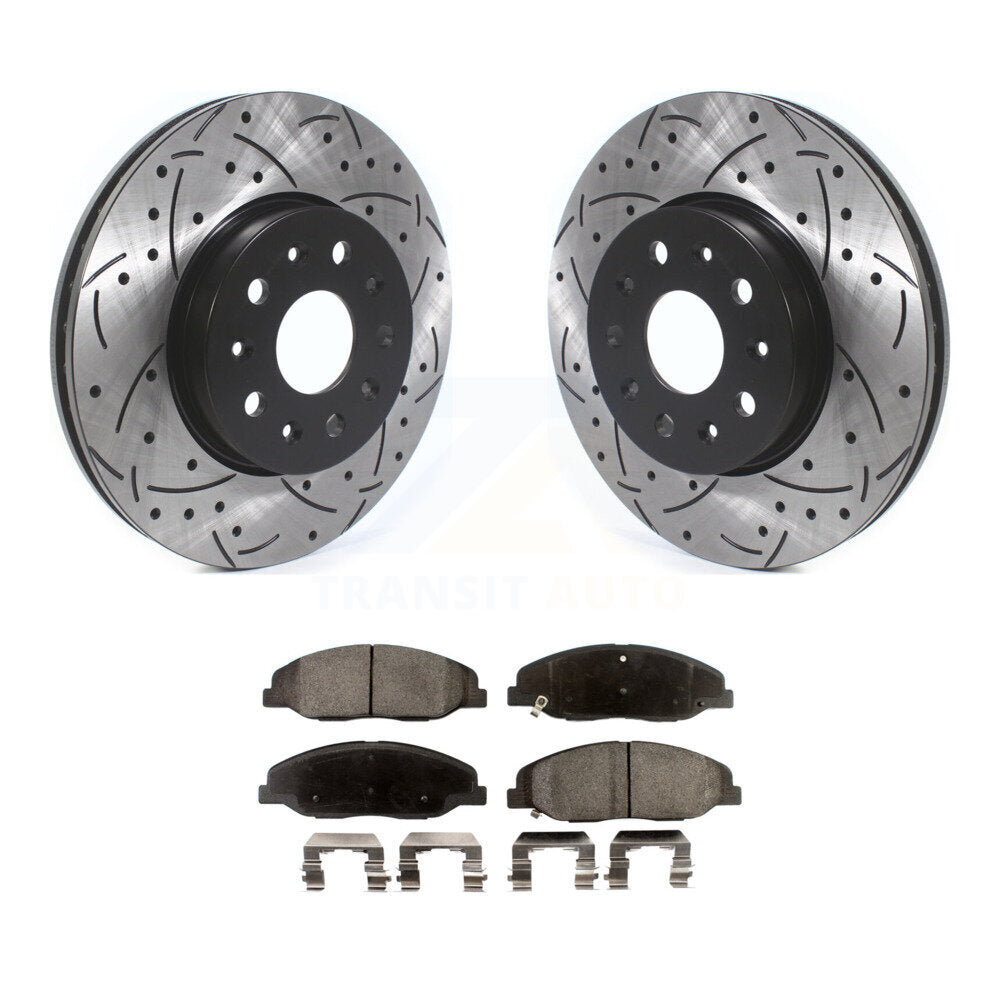 Front Coated Drilled Slotted Disc Brake Rotor & Ceramic Pad Kit For Cadillac CTS