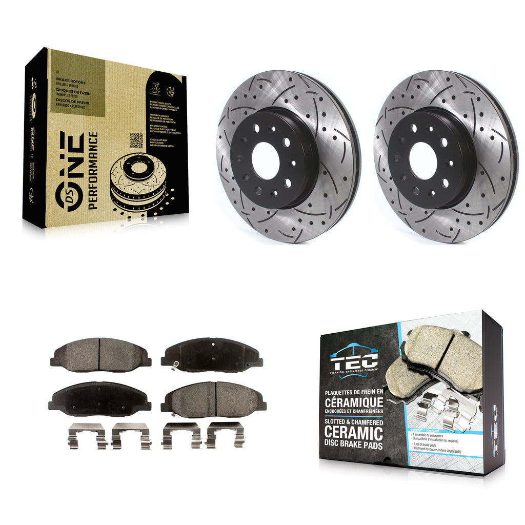 Front Coated Drilled Slotted Disc Brake Rotor & Ceramic Pad Kit For Cadillac CTS