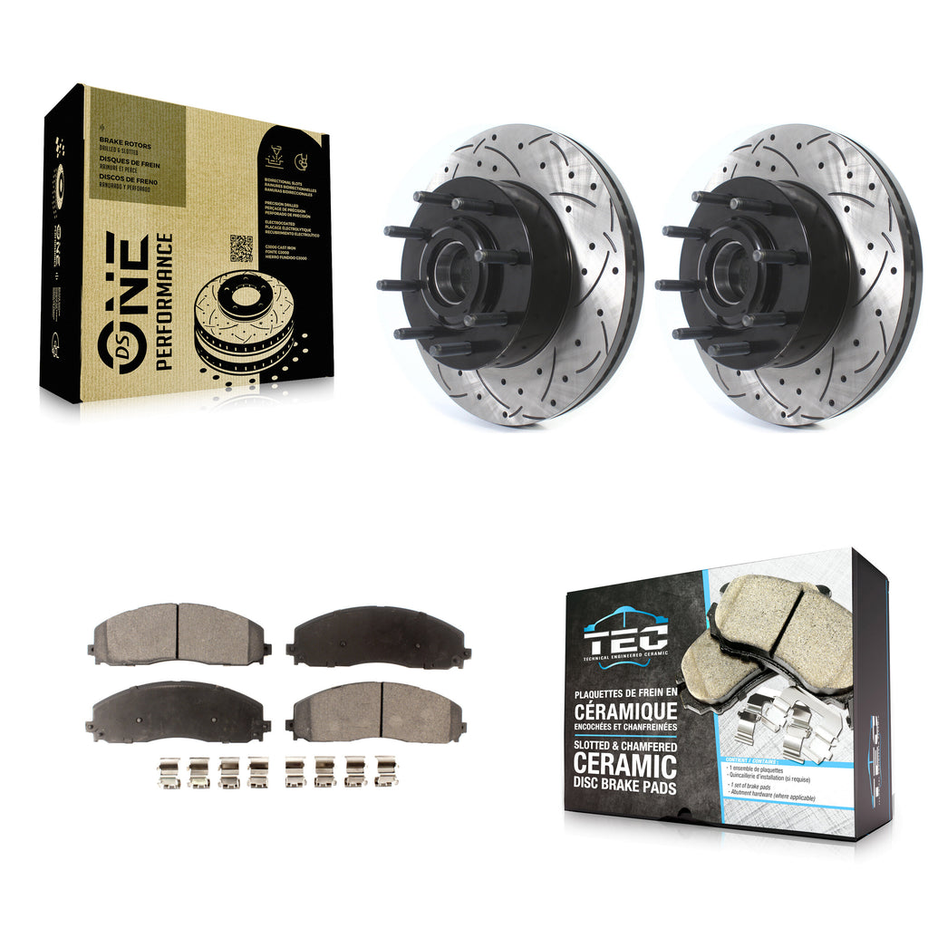Front Drill Slot Brake Rotor Hub Ceramic Pad Kit For Ford F-250 Super Duty F-350