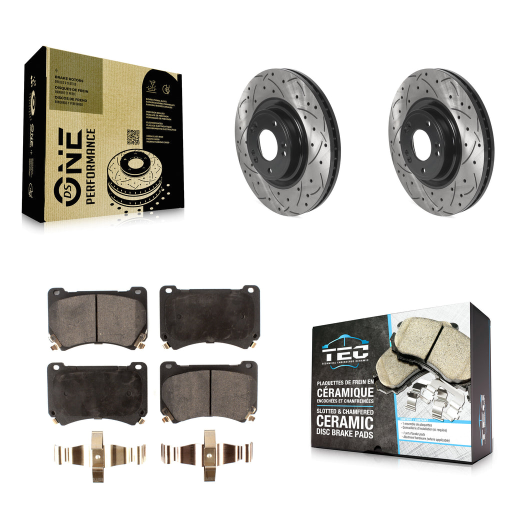 Front Coated Drilled Slot Disc Brake Rotor & Ceramic Pad Kit For Hyundai Genesis