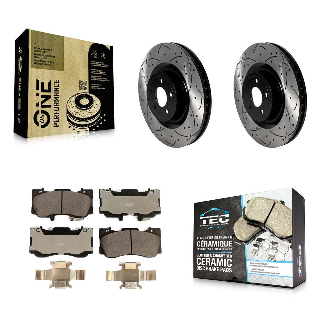 Front Coated Drilled Slotted Disc Brake Rotor & Ceramic Pad Kit For Ford Mustang