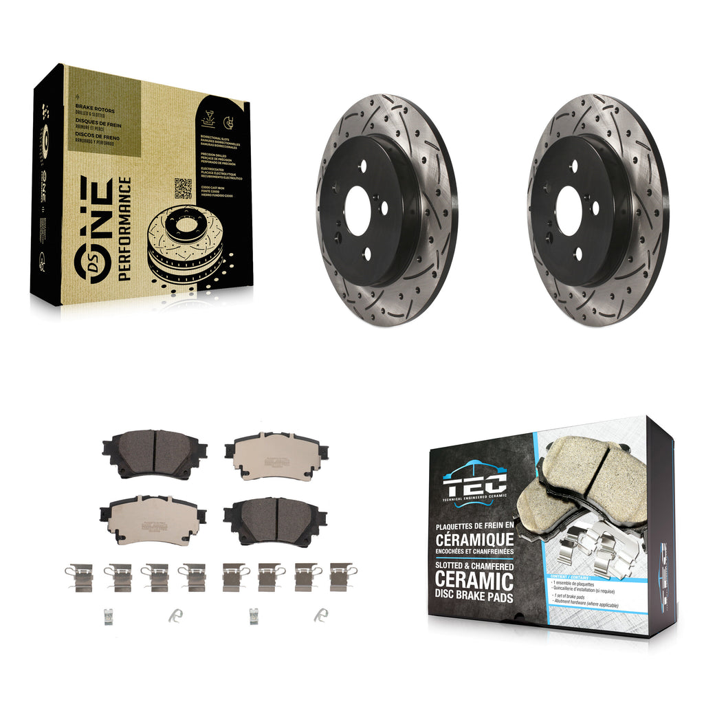 [Rear] 2019 Toyota Corolla 1.8L Performance Drilled & Slotted Brake Rotor & Ceramic Pads Kit For Max Braking