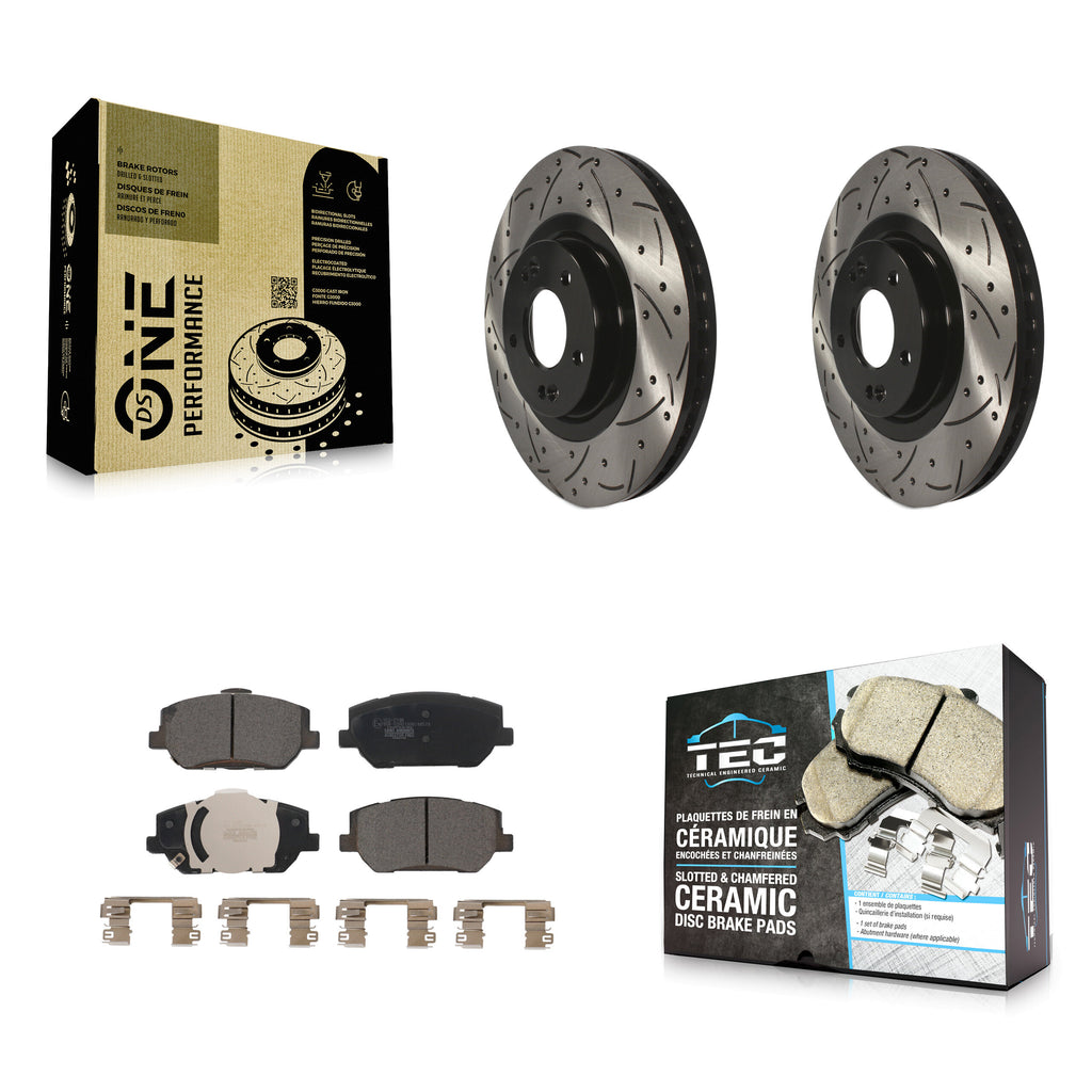 [Front] 2019-2020 Hyundai Santa Fe Performance Drilled & Slotted Brake Rotor & Ceramic Pads Kit For Max Braking