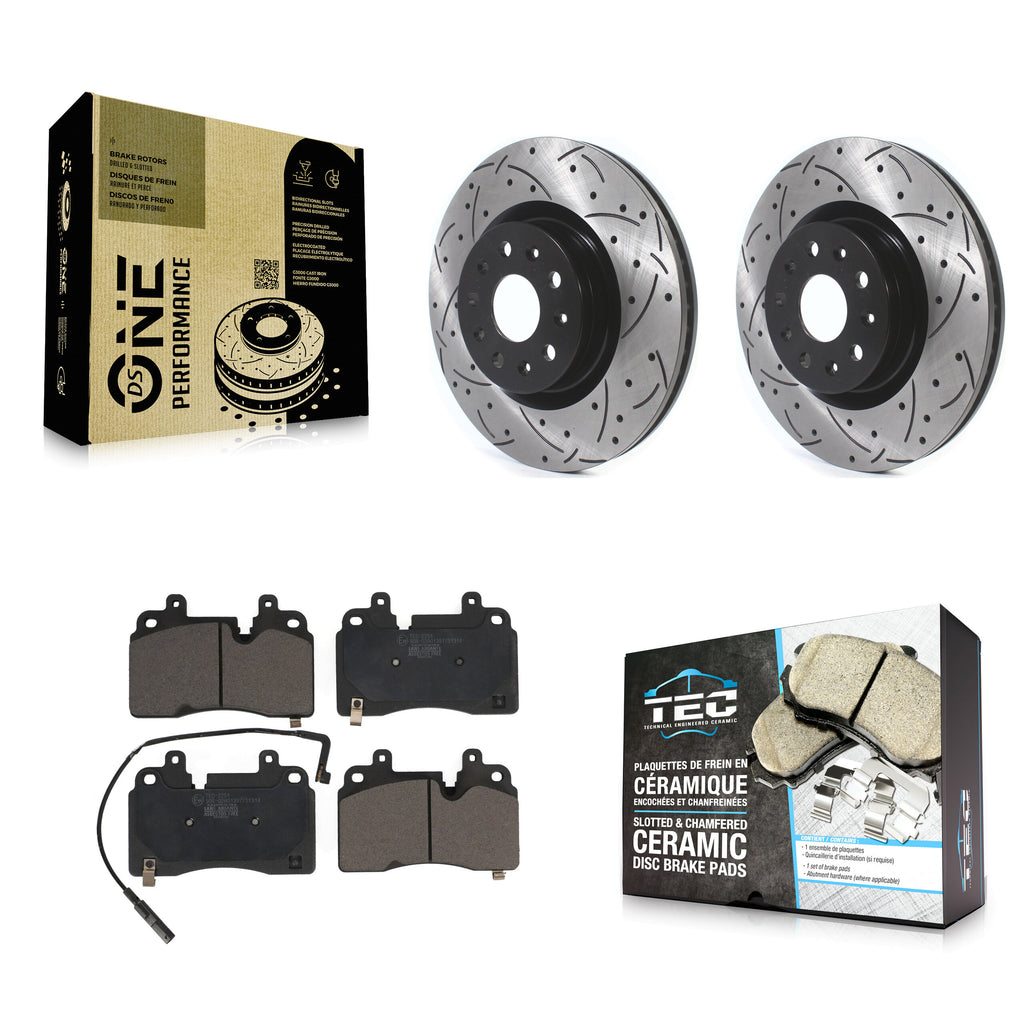 Front Coated Drilled Slotted Disc Brake Rotor & Ceramic Pad Kit For Cadillac CT6