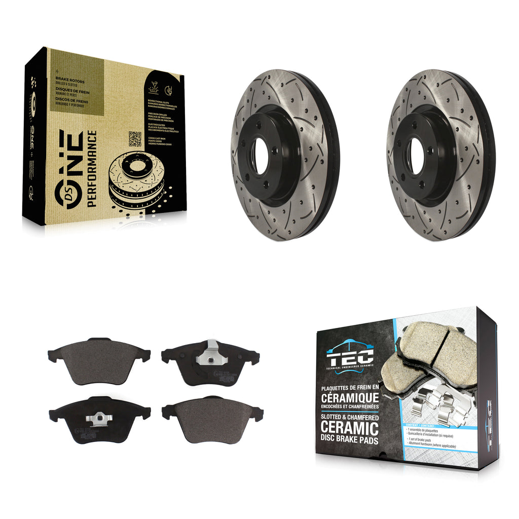 Front Coated Drilled Slotted Disc Brake Rotors And Ceramic Pad Kit For Volvo S40