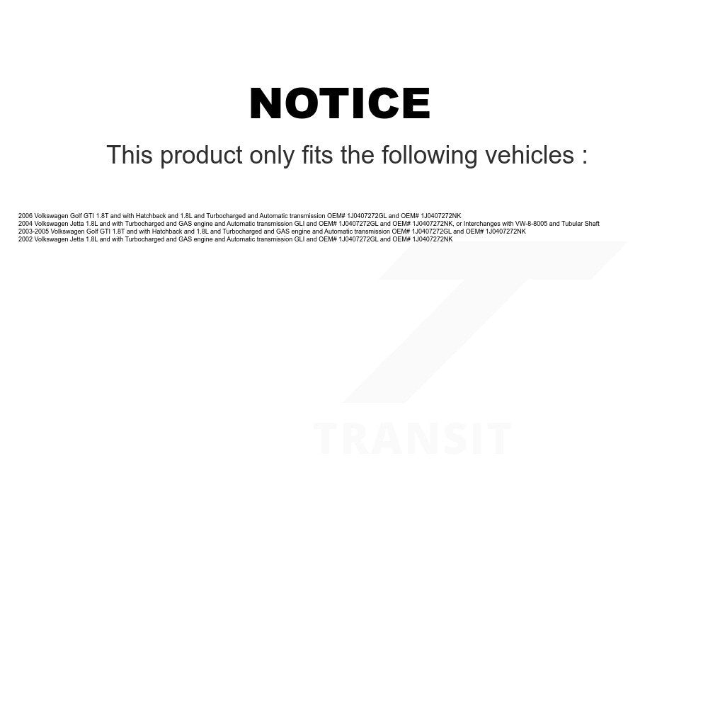 Front CV Axle Shaft Kit For Volkswagen Jetta Interchanges with VW-8-8005 Tubular KCV-100315
