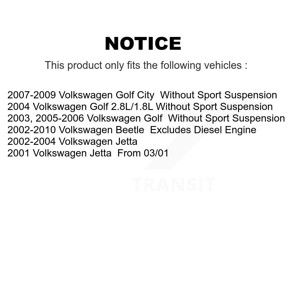 2007-2009 Volkswagen Golf City  , 2007-2009 Volkswagen Jetta City  , 2002-2006 Volkswagen Golf  , 2002-2004 Volkswagen Jetta  , 2001 Volkswagen Golf , 2001 Volkswagen Jetta , 2000 Volkswagen Golf Front Suspension Strut Coil Spring Assembly Kit