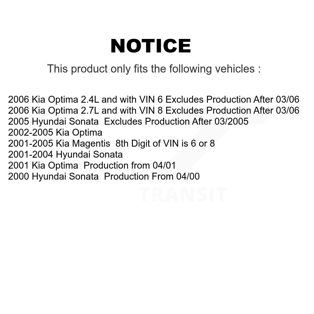 2006 Kia Optima , 2006 Kia Optima , 2005 Hyundai Sonata , 2002-2005 Kia Optima  , 2001-2004 Hyundai Sonata  , 2001-2005 Kia Magentis  , 2001 Kia Optima , 2000 Hyundai Sonata Front Suspension Strut Coil Spring Assembly Kit