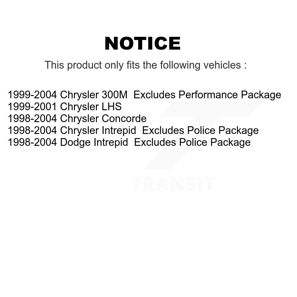 1999-2004 Chrysler 300M  , 1999-2001 Chrysler LHS  , 1998-2004 Chrysler Concorde  , 1998-2004 Chrysler Intrepid  , 1998-2004 Dodge Intrepid  Front Right Suspension Strut Coil Spring Assembly Kit