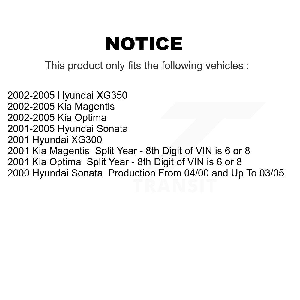 2006 Kia Optima , 2002-2005 Hyundai XG350  , 2002-2005 Kia Magentis  , 2002-2005 Kia Optima  , 2001-2005 Hyundai Sonata  , 2001 Hyundai XG300 , 2001 Kia Magentis , 2001 Kia Optima , 2000 Hyundai Sonata Rear Right Suspension Strut Coil Spring Assembly Kit